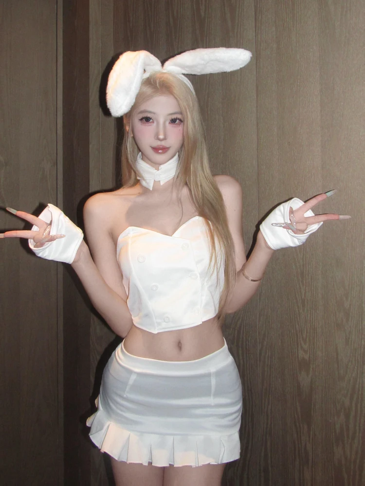 طقم صدرية وتنورة بيضاء مثيرة بدون حمالات مع حزام للنساء من R STUDIO بتصميم حواف مزهرة مثالي للمواعيد والارتداء اليومي #3