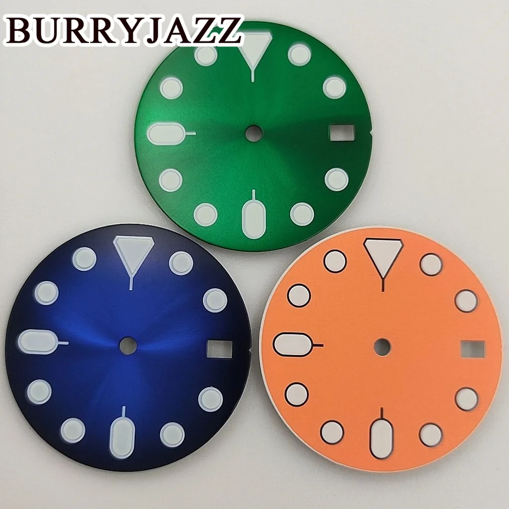 BURRYJAZZ 28.5mm No Logo NH35 Watch Dials Black Blue Green Yelloge Dial Green Luminous Fit 3 O'clock 3.8 O'clock Case Crown