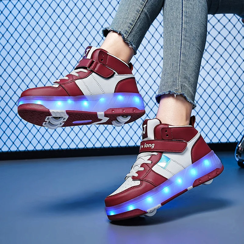 Children Roller Skate Shoes Sneakers With Four Wheels Boy Girl USB Charging Luminous Outdoor Casual Sports Walking Shoes 28-41