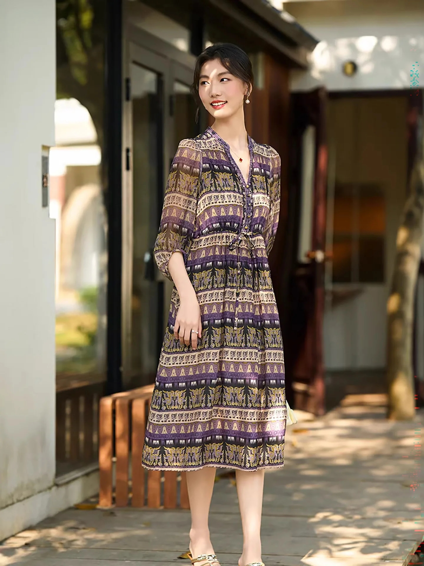 Elegant V-neck Silk Dress Women's A-line Skirt Printed Slimming Waist Drawstring Summer New Arrival Fashionable Casual Dress