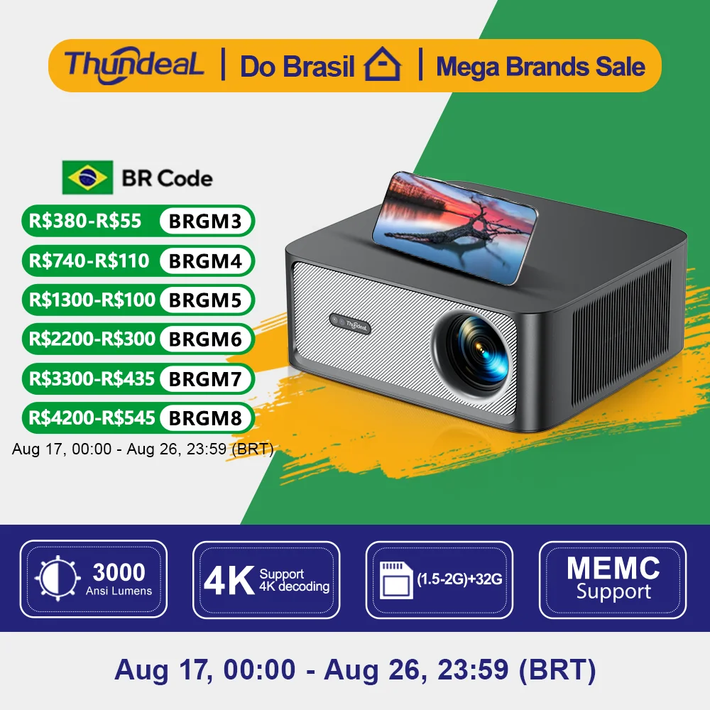 Projetores no brasil Projetor portátil ThundeaL TD98Pro Full HD 1080p 3000 ANSI Lúmens com Android 4K e Wi-Fi TD98 Pro 2 GB/32 GB Projetor inteligente para vídeo cinema em casa e jogos Para  apresentação