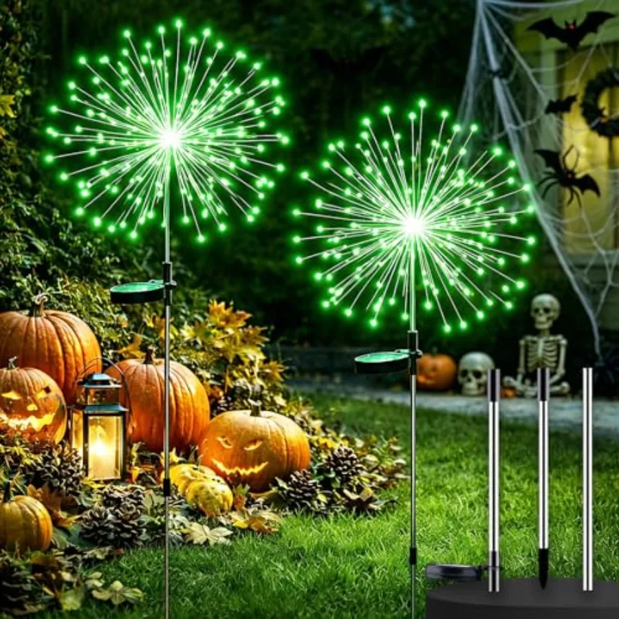 2 Pack Solar Firework Lights Outdoor, 200 LED Starburst Garden Lights, Adjustable Height 2/3-Rod 51in Taller Design, Stainless