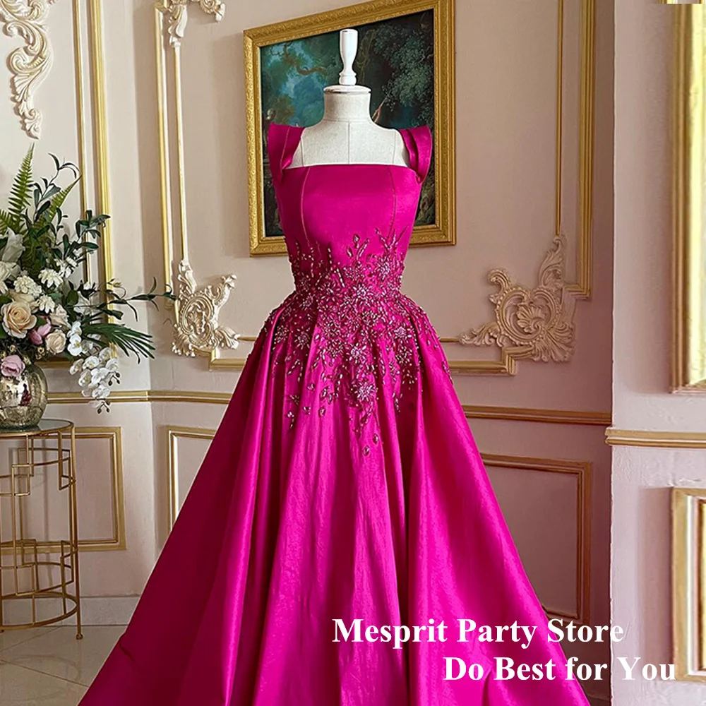 Fuchsia Evening Dress Real Prom Gown Strapless Sleeveless Beading Applique A Line Satin Saudi Party Dresses for Weddings