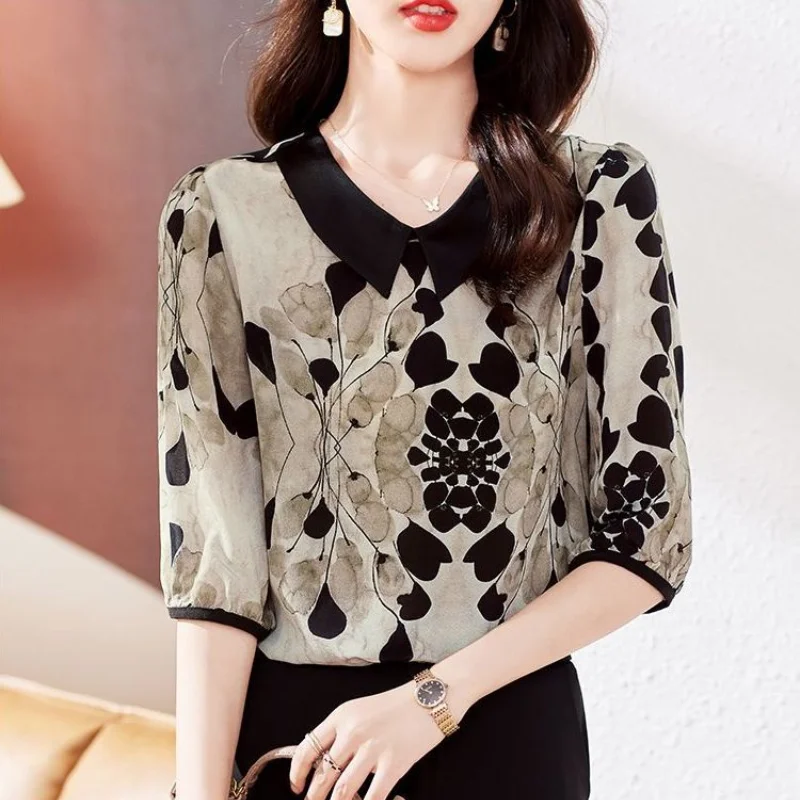 2024 Summer New Women\'s Blouse Korean Pullovers Peter Pan Collar Printed Spliced Half Sleeve Fashion All-match Slim Shirt Tops