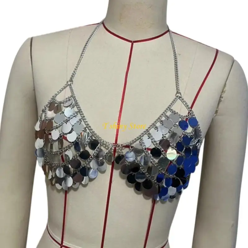 N58F Festive Sequins Vest Top Pair With Chain For Dance Practice Or Party Costumes