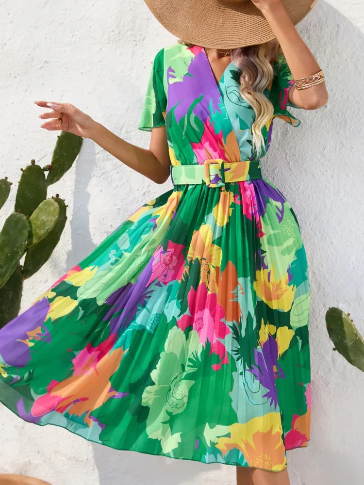 

Spring Summer Women's New Dress Fashion Printed Wrinkled Belt Sexy V-neck Loose Casual Short-sleeved Pleated High-waisted Dress