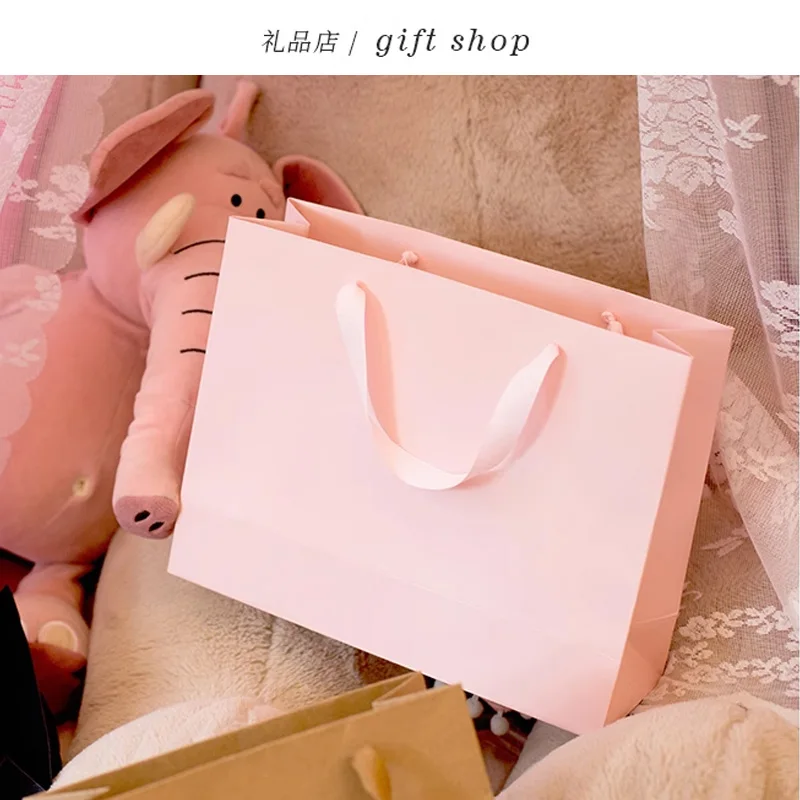 Light Pink Blue Paper Bags With Ribbon Handles Candy Gift Accessories Clothing Packing Bags Stock Custom Logo