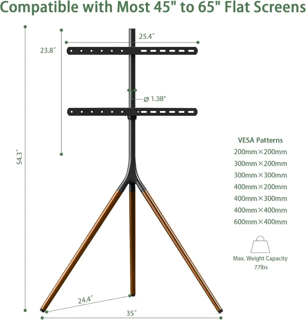Easel TV Stand with Tripod Base for 32-65 inch TVs up to 77lbs, Swivel & Height Adjustable, VESA 600x400mm, Black view 4