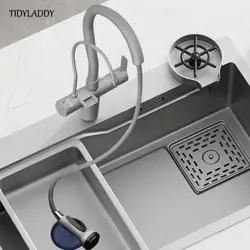 Luxury Large Stainless Steel Waterfall Kitchen Sink Multifunctional Faucet Single Sink Dish Basin Sink for Kitchen Renovation