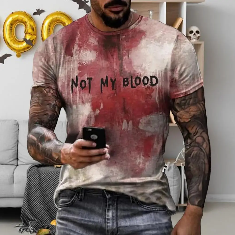 2026 Men Halloween T-shirt Spooky Crew Neck Short Sleeve Tee Blood Stain Print T-shirt for Halloween Dress-up Horror Themed Part