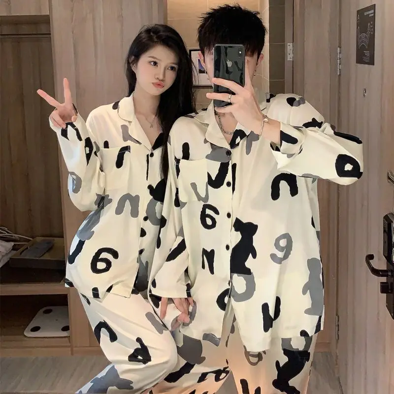 Couple Sleepwear Silk Pajamas Set Long Sleeve Cardigan Long Pants Two Pieces Homewear Luxury Men Women Pajamas Nightwear