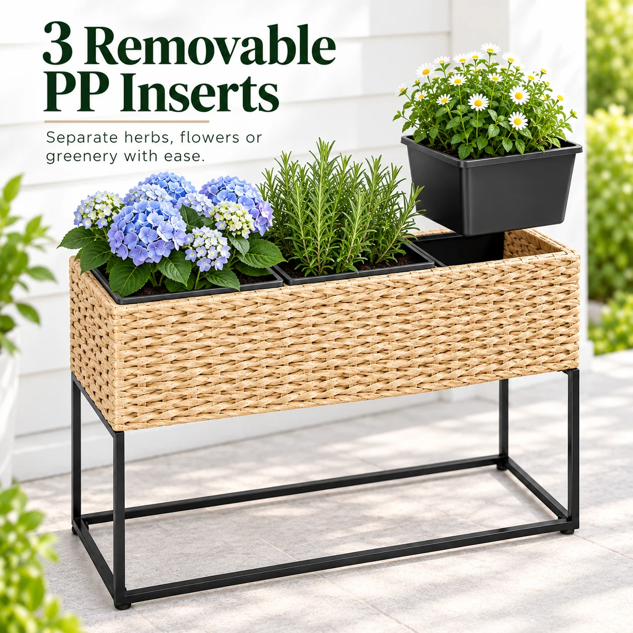 3 Compartment Resin Wicker Raised Planter Box with Stand Removable Inserts for Herbs Flowers Vegetables Patio Balcony Garden Use