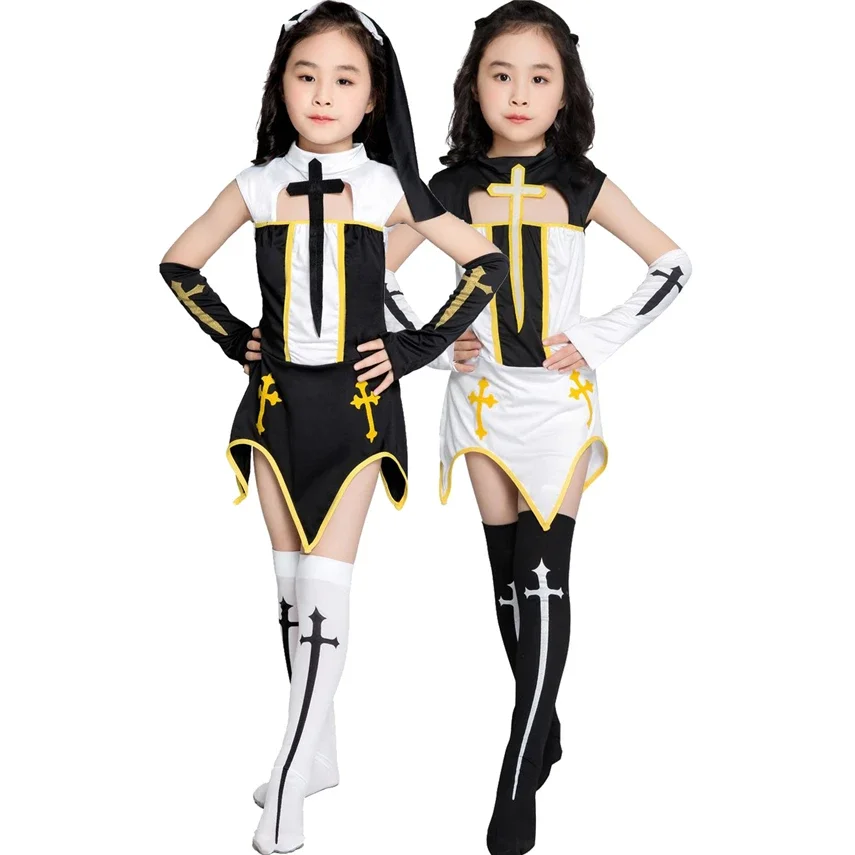 

Medieval Cosplay Halloween Costumes For Kids Girls Priest Nun Missionary New Carnival Party Disguise Performance Clothing Set