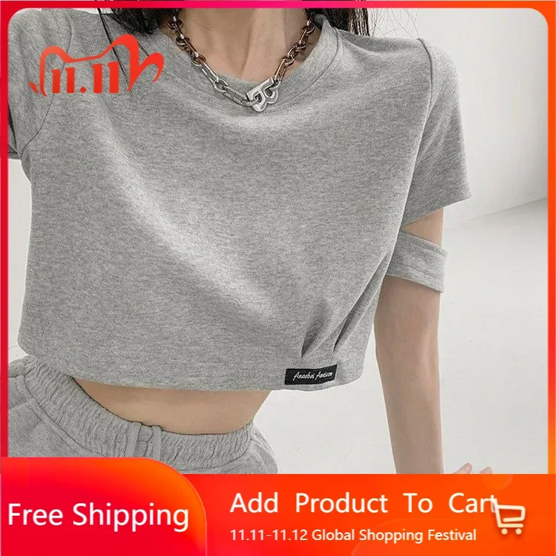 Harajuke Crop Tops Women Summer High Waist Fashion T-shirt Egirl New Solid Cut Out Short Sleeve Tees Oversized Female S-2XL