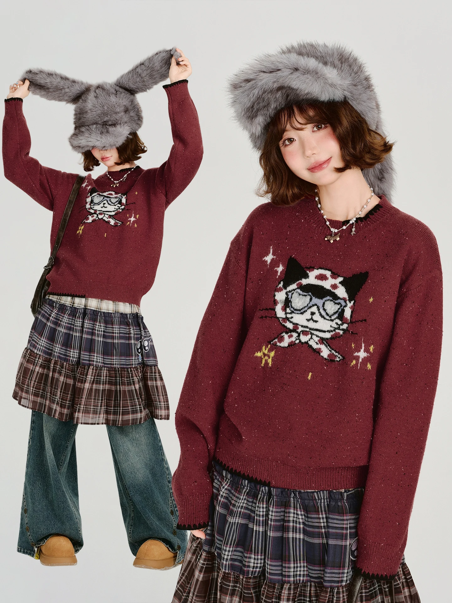 

Girly American Retro Fun Floral round Ne Pullover Sweater Women's Autumn Winter New Loose Top Dot Neutral Sle