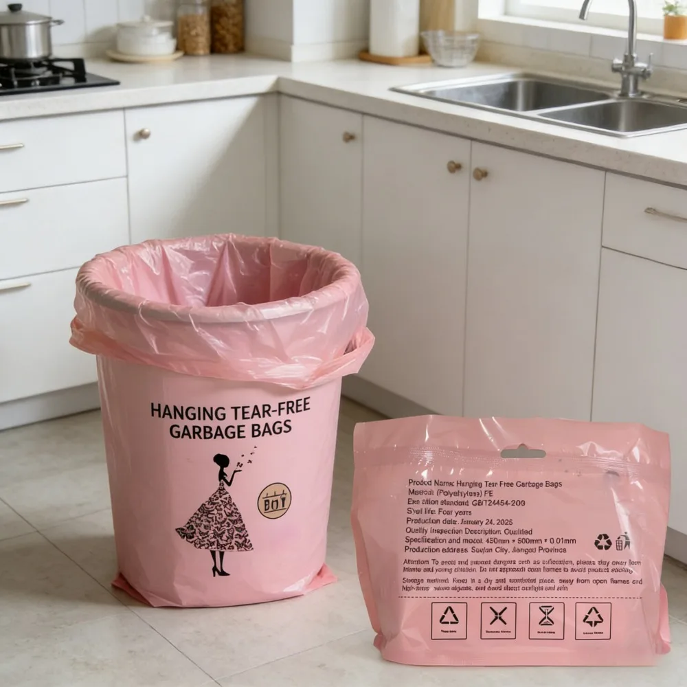 1 Roll 50 Count Pink Rose Scented Hanging Garbage Bags, Thickened Tear-Free Drawstring Trash Bags, Wall Mount Disposable Rubbish Bags for Bedroom Bathroom Kitchen Home Daily Use