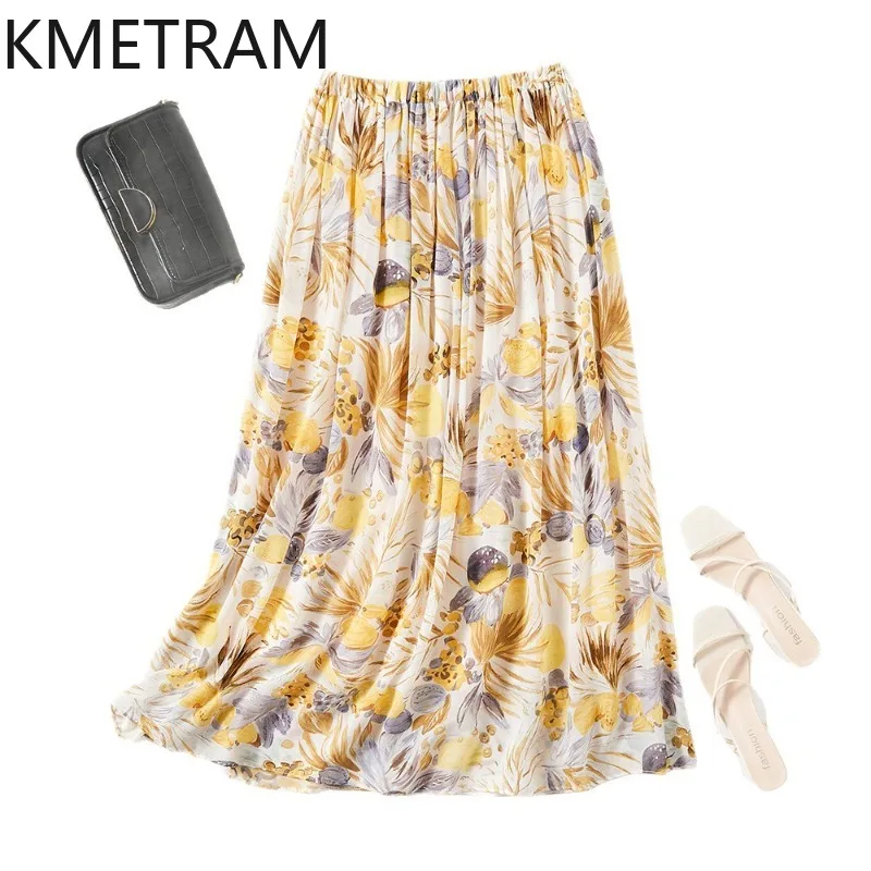 KMETRAM 100% Natural Mulberry Silk Women's Skirts Stylish Print Long Skirt Summer Beach Skirts Woman Clothes 2026 юбка женская