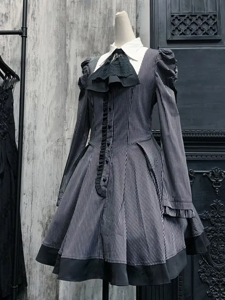 Gothic Style Dress Dark Striped Peter Pan Collar Lace Bow Puff Sleeve Harajuku Japanese Subculture Dark Party Outfit 2026 New