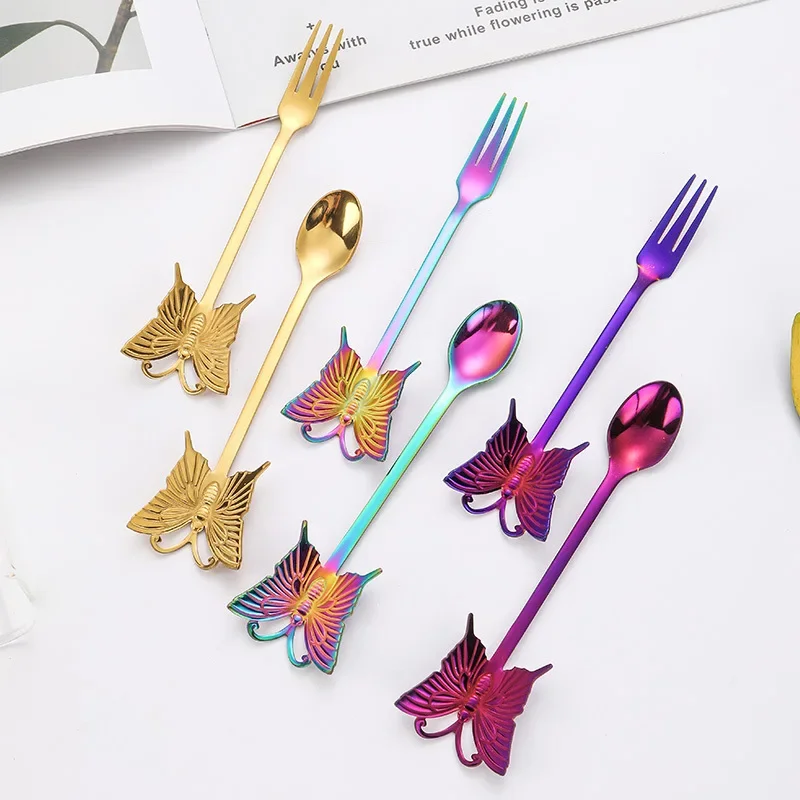 304 Stainless steel butterfly creative spoon and fork can hang coffee spoon gift spoon gold-plated dessert fork fruit fork