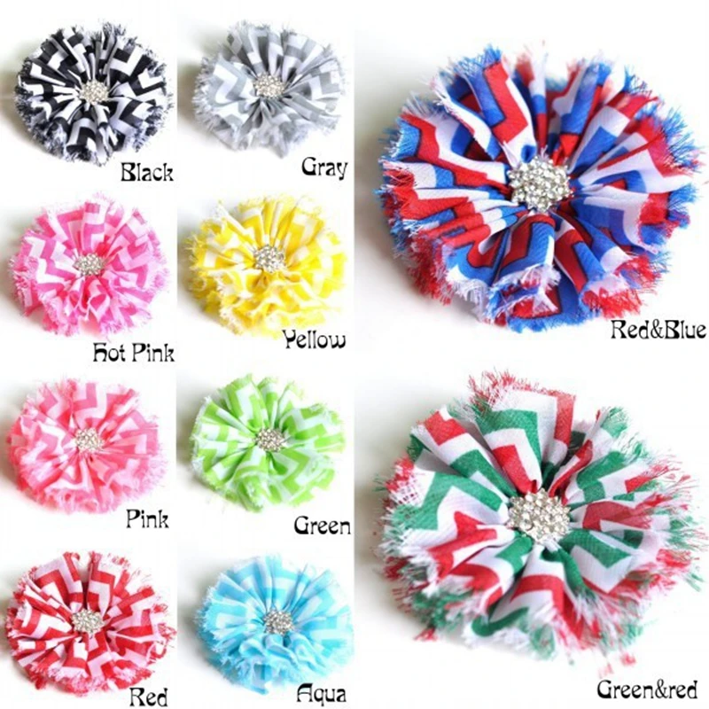 120pcs/lot 10colors Ballerina Chiffon Flower+Rhinestone Button For Hair Accessories Striped Leopard Fabric Flowers For Headbands