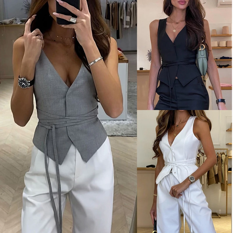

FSMG Fashion Sexy Deep V-neck Open Front Lace-up Vests Women Casual Solid Slim Sleeveless Office Camisoles Cardigan Cropped Tops