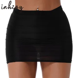 See Through Stretchy Shirring Miniskirt Women Elastic Mid Waist Ruched Skirt Bodycon Skinny Pencil Skirt Party Nightclub Wear