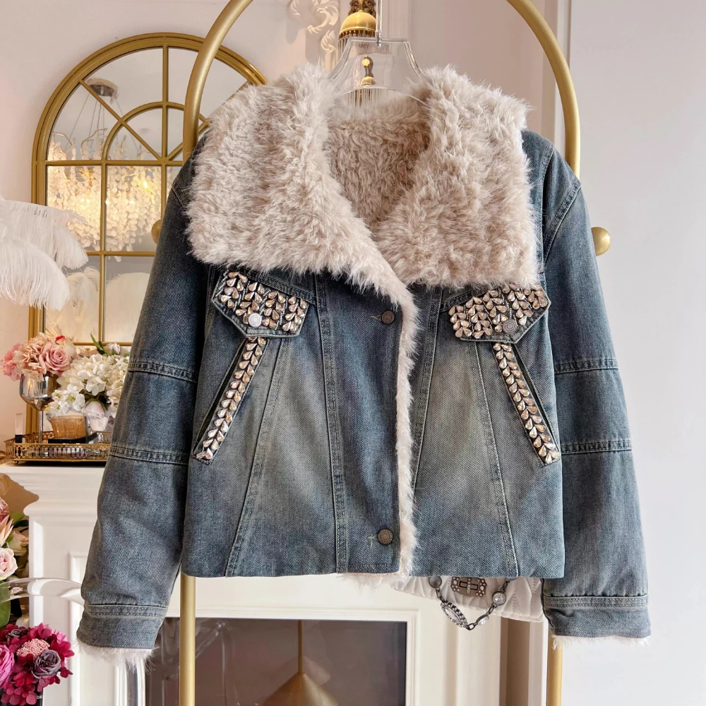 المرأة 2025 شتاء جديد كبير التلبيب الربط موضة الرجعية الدنيم الستر المرأة صوف مبطن سميكة حجر الراين معاطف السترة