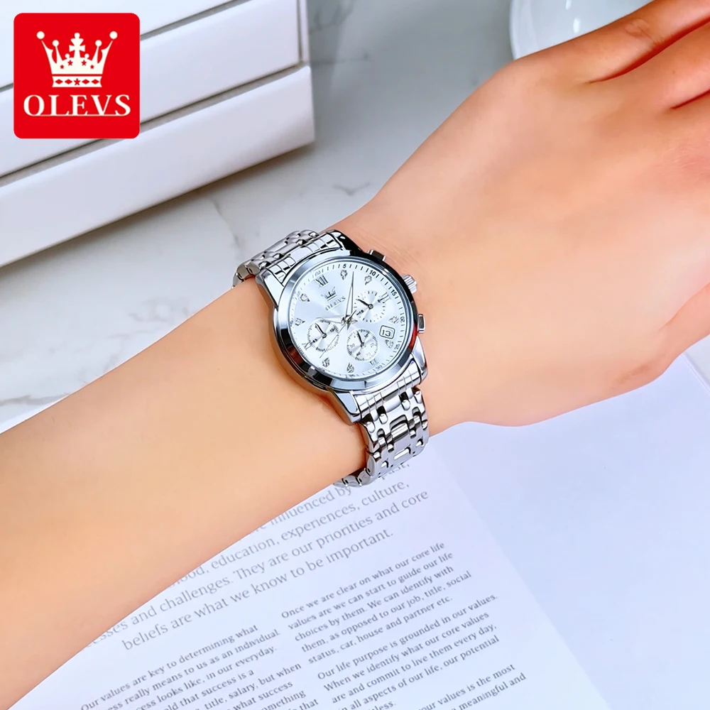 ساعات نسائية أنيقة من OLEVS ساعة يد كوارتز أصلية فاخرة من الفولاذ المقاوم للماء كرونوغراف للتاريخ المضيء