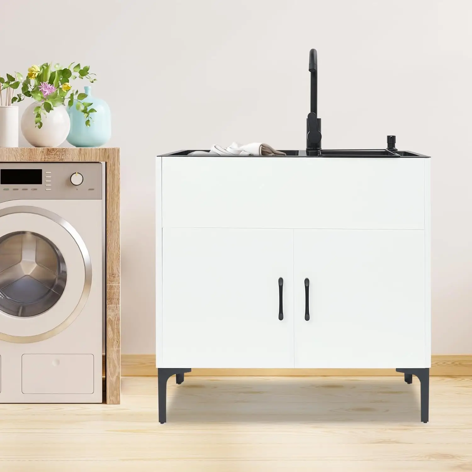 

Laundry Sink with Cabinet, Freestanding Double Bowl Kitchen Sink with Faucet, 2-Compartment Utility Sink Cabinet, Customized