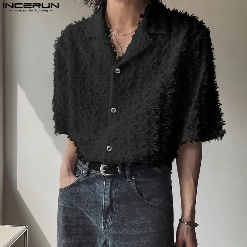 

INCERUN Men Shirt Tassel Lapel Short Sleeve Solid Color Button Men Clothing Summer Loose Streetwear 2025 Fashion Casual Shirts