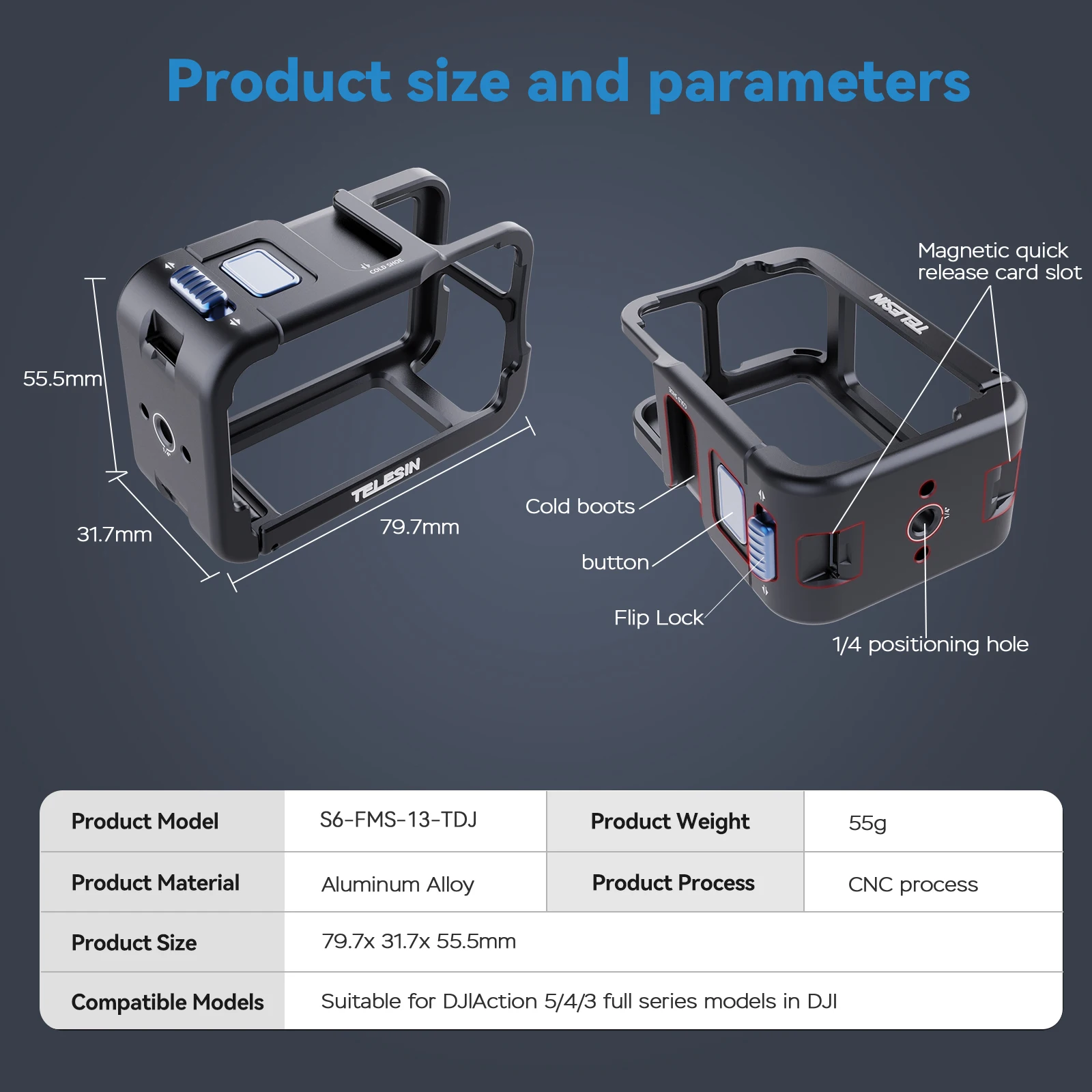 TELESIN Aluminium Alloy Frame Case For DJI OSMO Action 3 4 5Pro Double Clod Shoe Protective shell For DJI Action 3 4 5pro