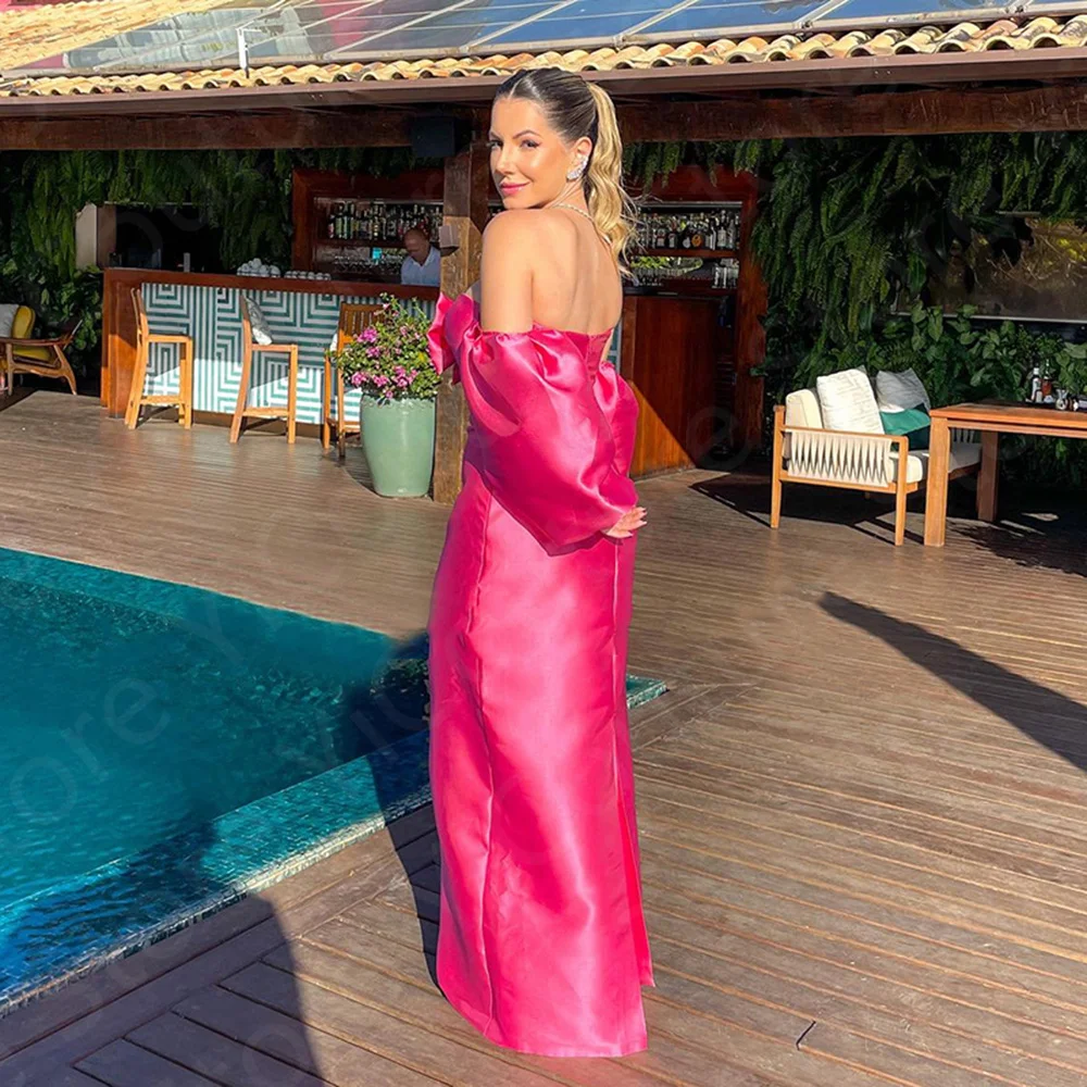 New Unique Hot Pink Prom Gowns Off Shoulder Sleeves Evening Dress Long Sweetheart Birthday Party  Back Out Robe de Soiree