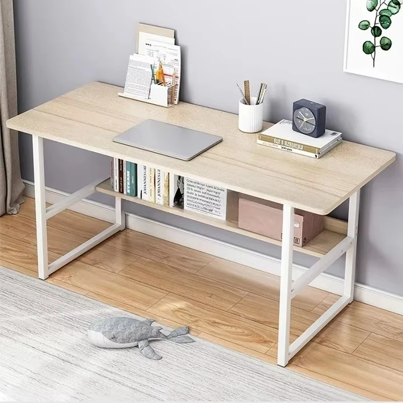 Sturdy Wide Top Study Desk With Storage Layer, Rounded Corner Computer Table For Home Office