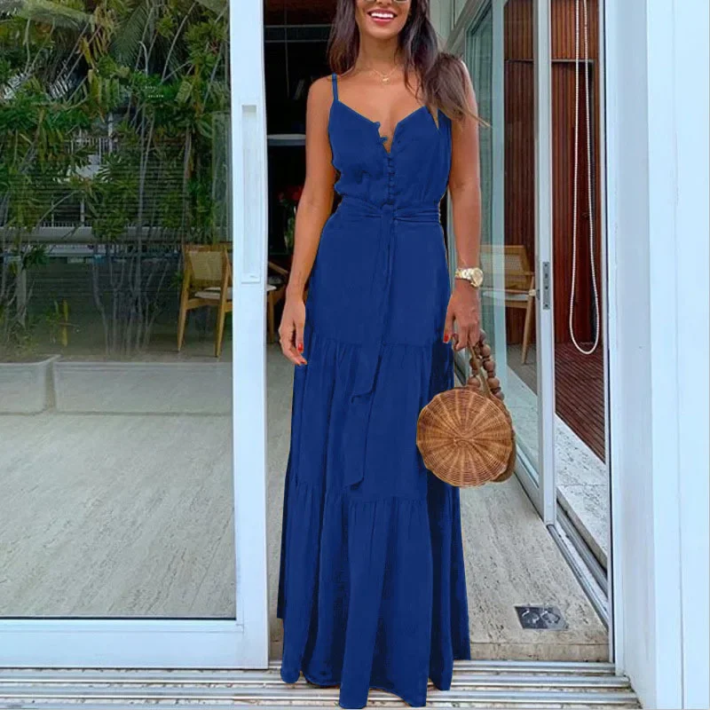 Women Summer Sexy Spaghetti Strap V-neck Long Dress Boho Style Sleeveless Elegant Party Dresses Female Casual Maxi Beach Robe