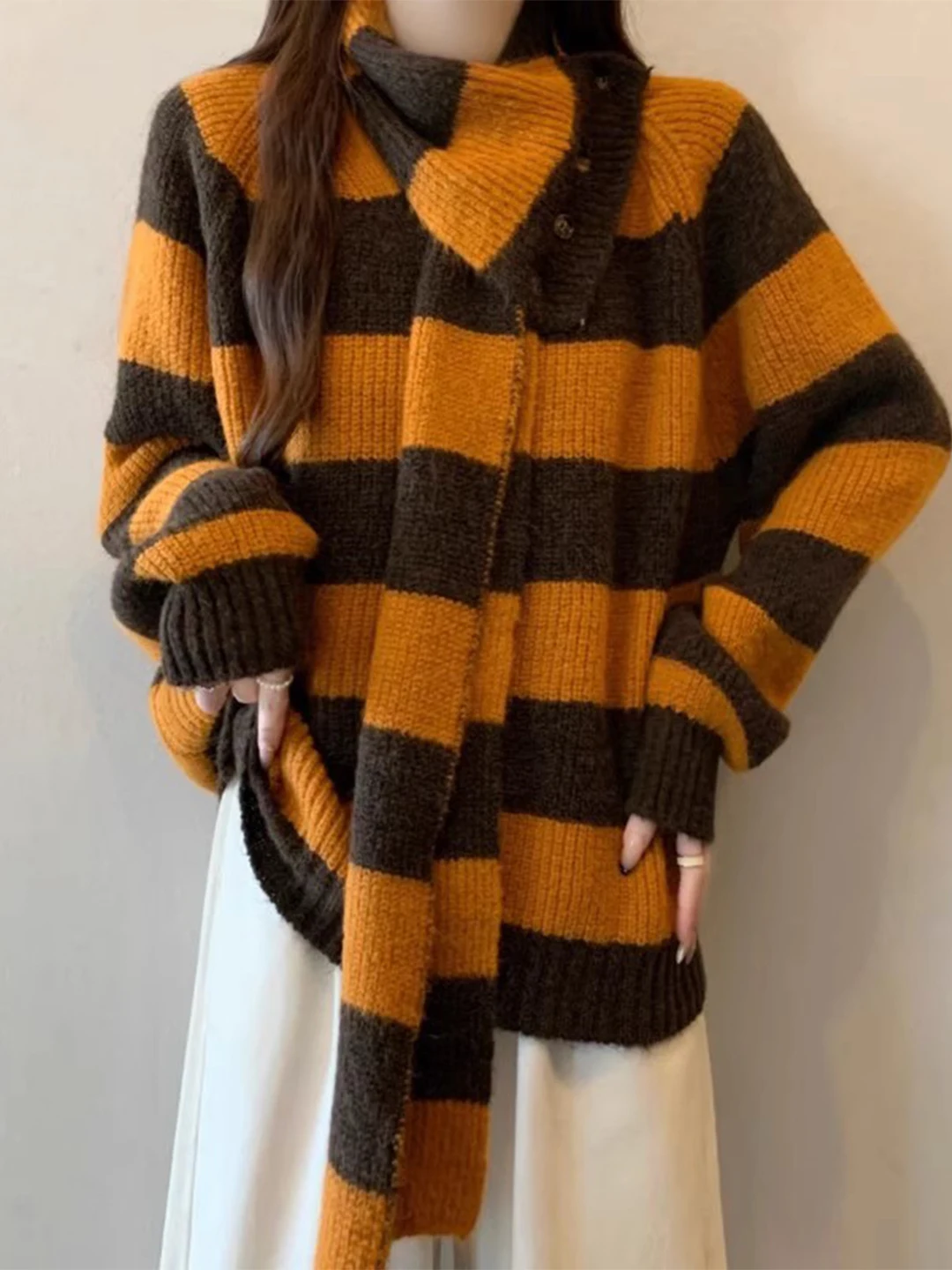 

Women's Long Sve Knitted Sweater Set with Scarf Striped plus Size Autumn Winter Faion Soft Comfortable Casual Outfit