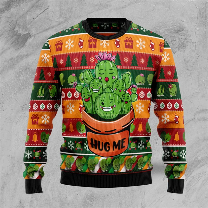 Cartoon Cactus Pattern Ugly Christmas Sweater Men Women Happy New Year Hoodies Tops Street Holiday Party Oversized Sweatshirts