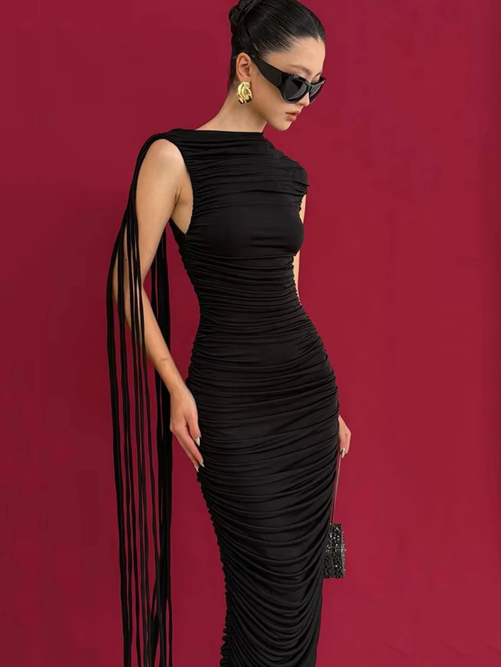 Modphy Elegant Folds Splice Tassel Long Dress Women Solid Sleeveless Slim Maxi Dresses 2026 New Evening Party Gowns Robes Lady