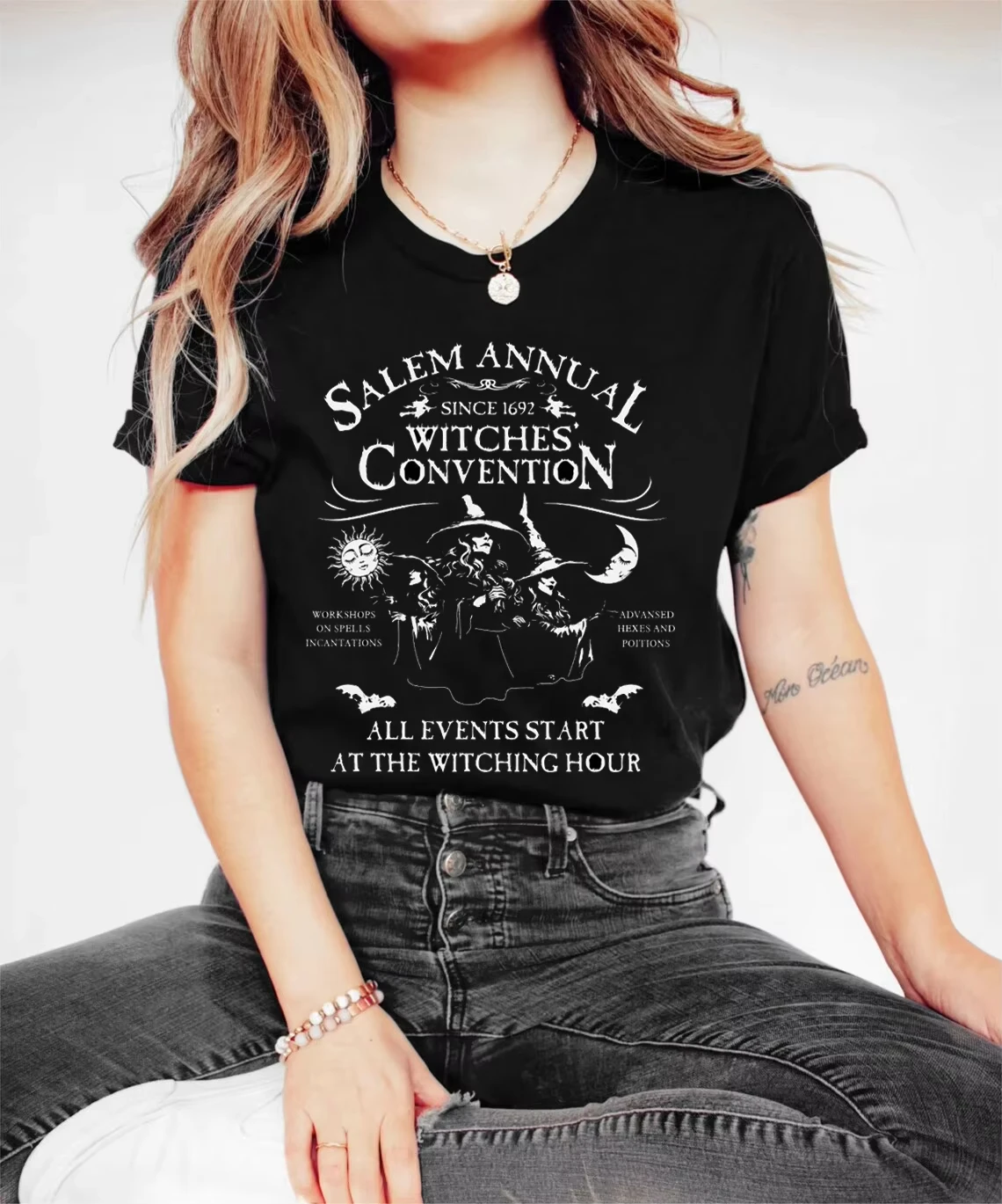 Salem Annual Witches Convention Vintage Summer Cartoon Funny Women's T-Shirt Magic Graphic Soft Short Sleeve Fashion Top Black