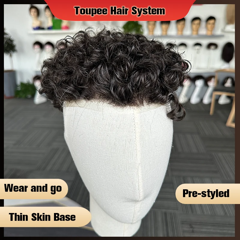 Natural Curly Pre Styled Men Toupee Thin Skin V Loop PU Base Human Hairpieces Hair Replacement System Protesis Hombre Male Wig