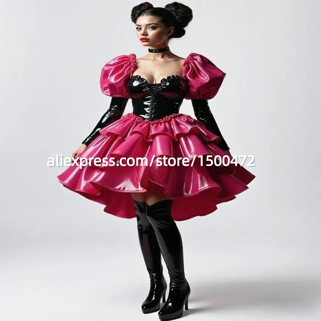 Rosa quente couro steampunk cosplay vestido de baile oi baixo noite halloween personalizado lolita anime formal 2025
