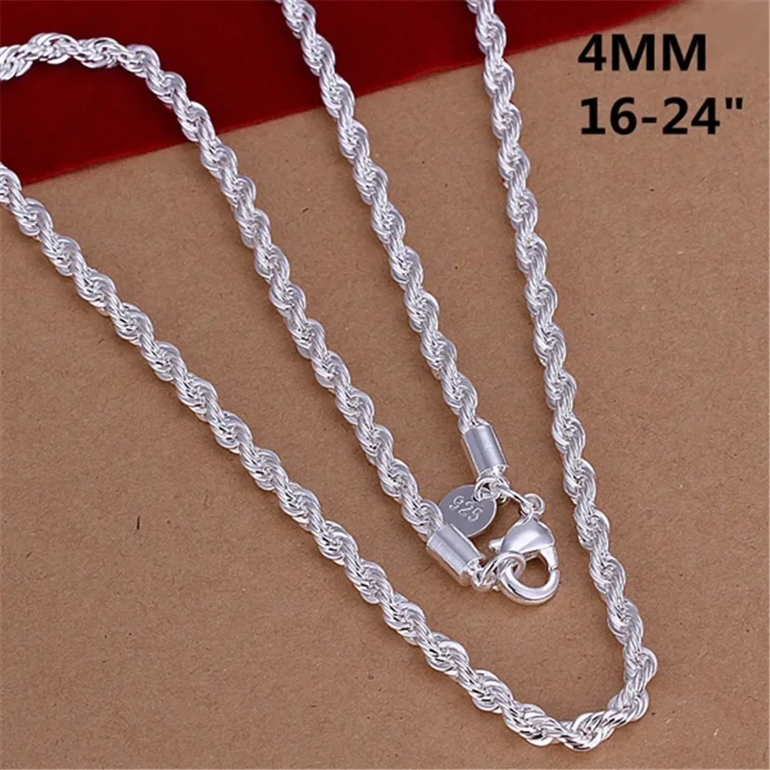 

16-24inch for women men Beautiful fashion 925 Sterling Silver charm 4MM Rope Chain Necklace fit pendant high quality jewelry