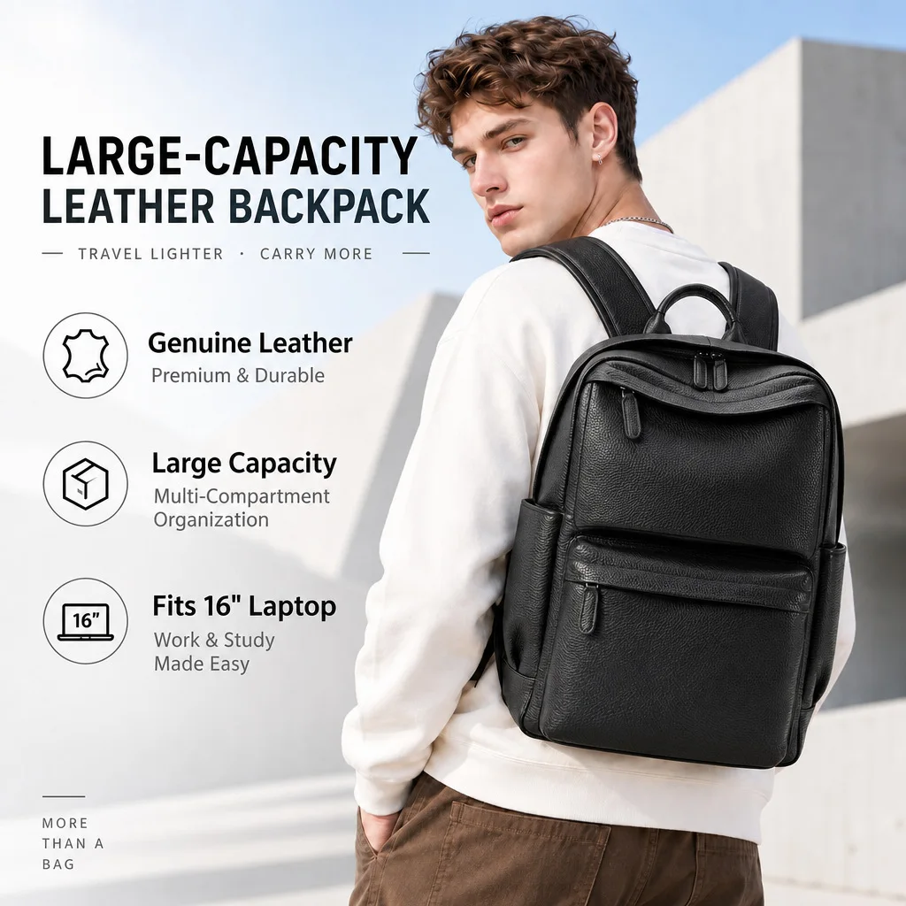 Genuine Leather Business Backpack for Men Large Capacity Laptop Bag 16 Inch Waterproof Travel Rucksack Office Commute