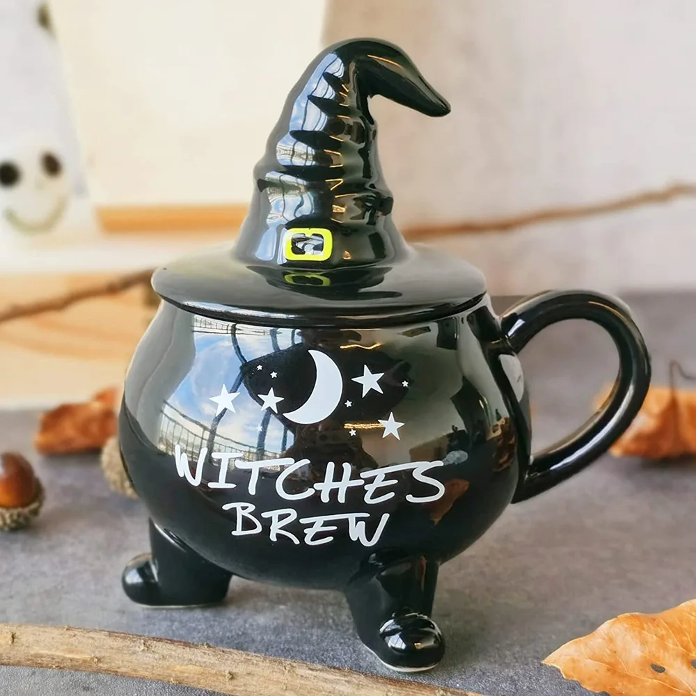 Funny Witch Coffee Mug with Lid, Goth Christmas Novelty Cup, Witches Brew Cauldron Mug for Sale