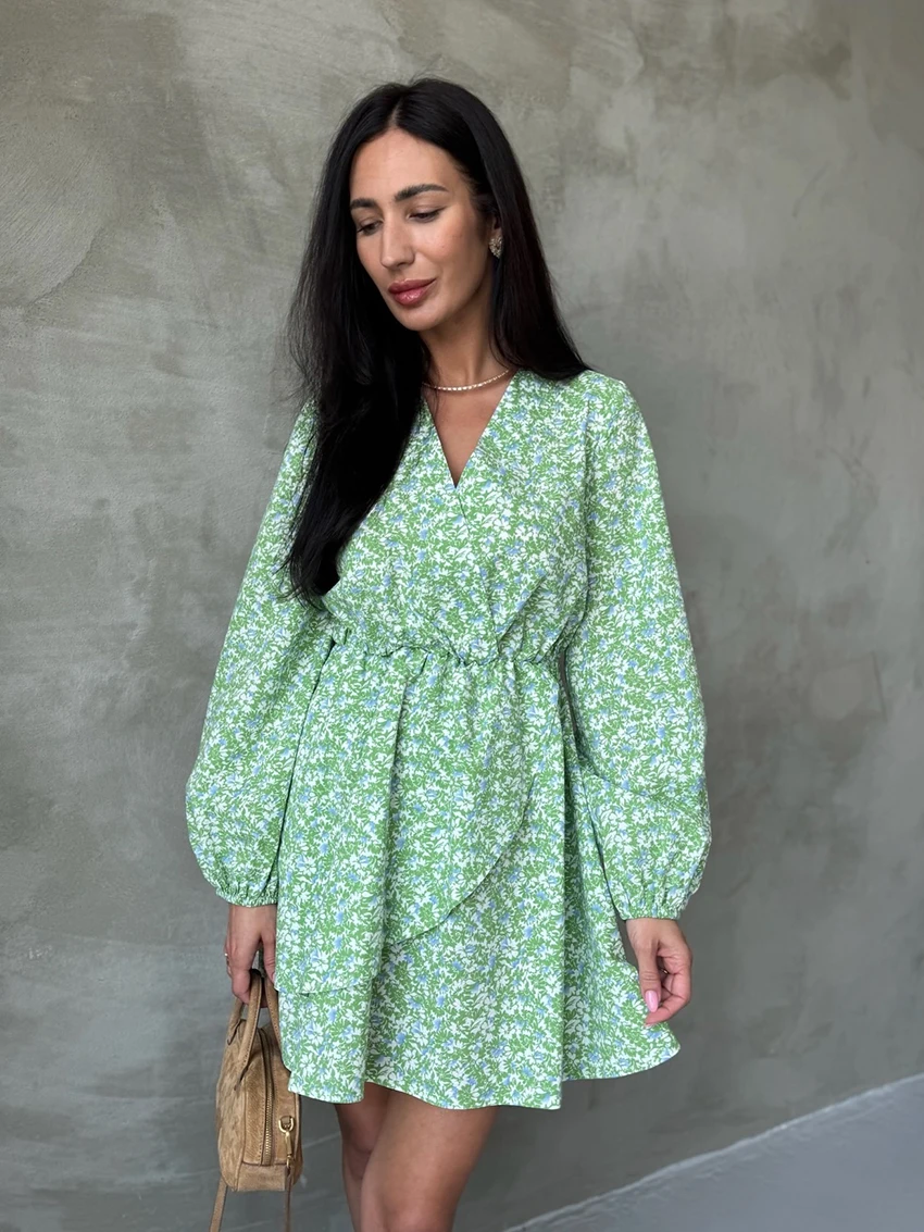 

Marthaqiqi Printing Female Sleepwear Long Sleeve Nightgown Sexy V-Neck Nightwear High Waist Mini Dress Casual Women Pajama Loose