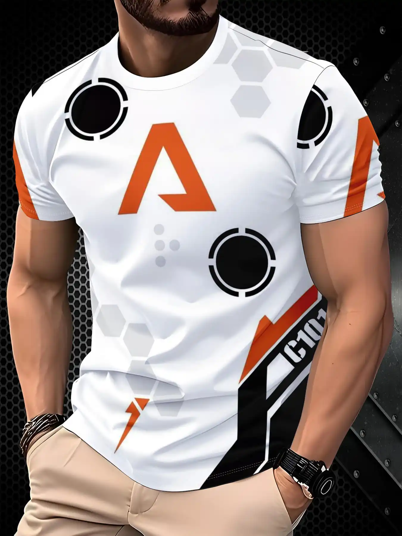 Men Letter A Hexagon Lightning Circle Orange Black White Print Short Sleeve T-shirt