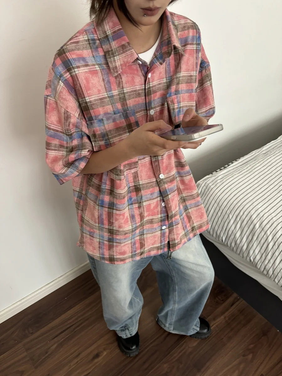 Sommer American Plaid Cra Print ort Sve irt Herren Vintage Umlegekragen Paar Lässig Vielseitig f Sve irt