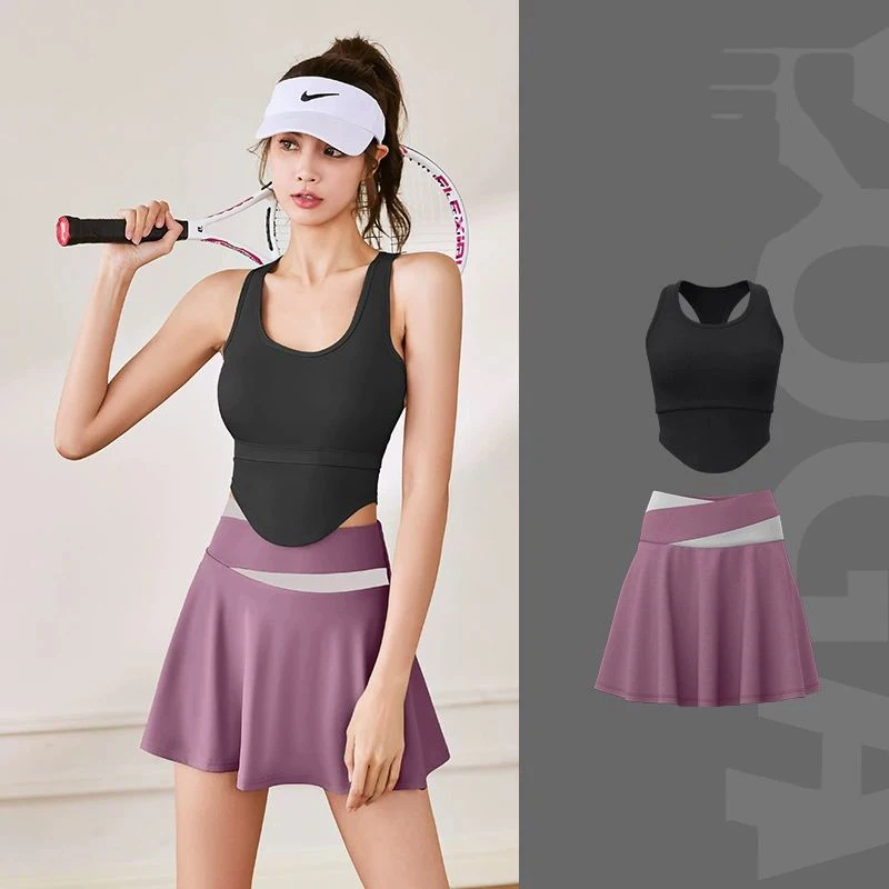 

Women Summer Lightweight High Waist Slim Fit Squat Proof Skort Matching Sets U-Shaped Cutout Wide Strap Tank Top Yoga Sets