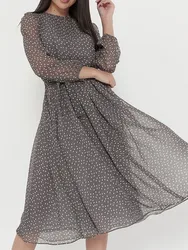 Spring Summer Women's Chiffon Dress Long Sleeves Round Neck Coffee Color Black Polka Dot Fashion Print Casual Comfortable Dress
