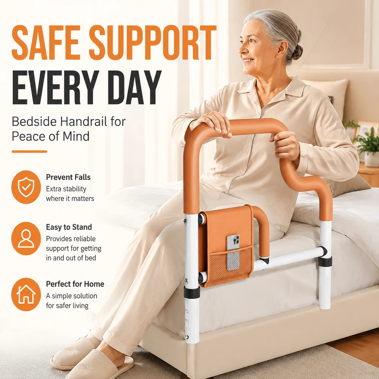 Bedside Handrail for Elderly Adult Bed Guard Rail Safety Anti-Fall Stand Up Assist Frame for Home