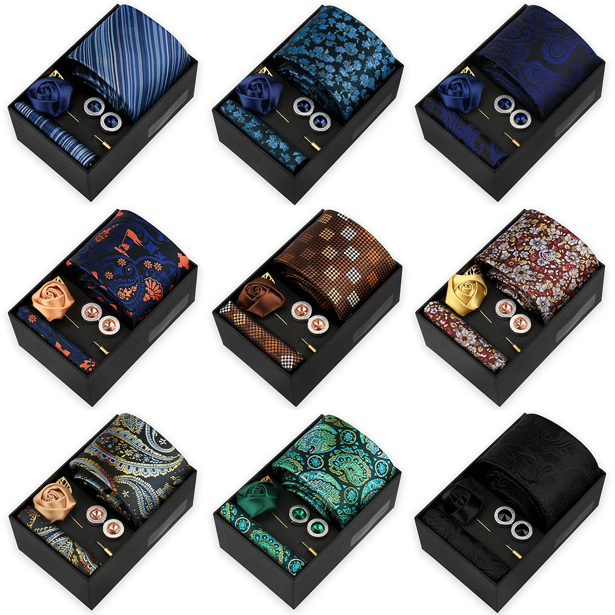 

Tie Men With Box Top Quality Business Ties Diamond Cufflink Hanky Set Clips Wedding Party Accessories In Gift Box Gravatas